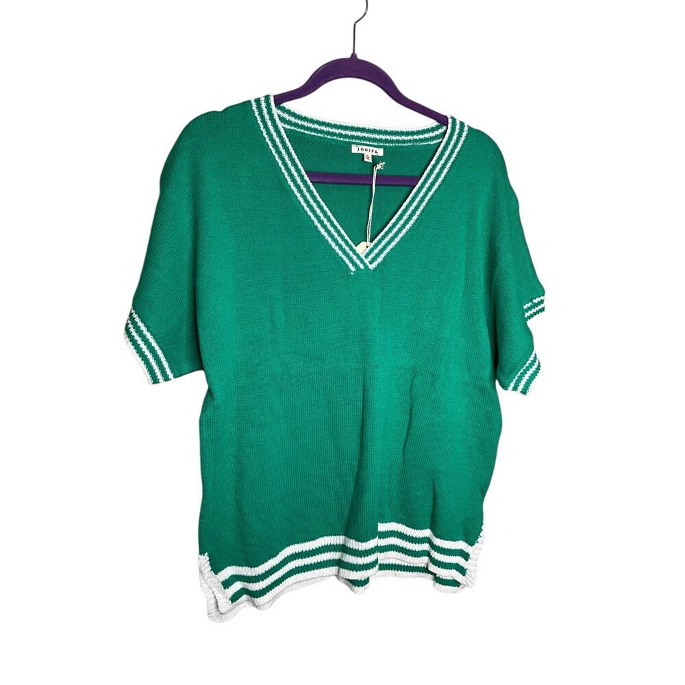 Jodifl Los Angeles V-Neck Sweater Short Sleeve Knit Pullover Green Size L NWT